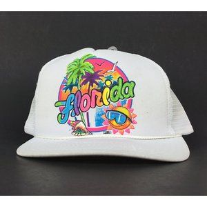 90s Florida Neon Color Logo White Trucker Hat Cap Snapback Adult Size Poly